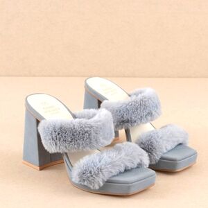 Faux Fur Double-Strap Block Heel Mules - Light Gray